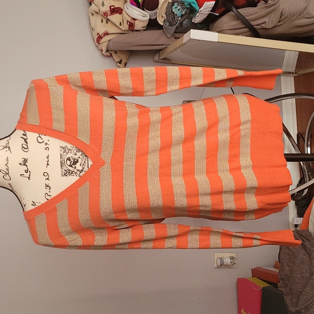New York & Company Orange and Gold V-Neck Top